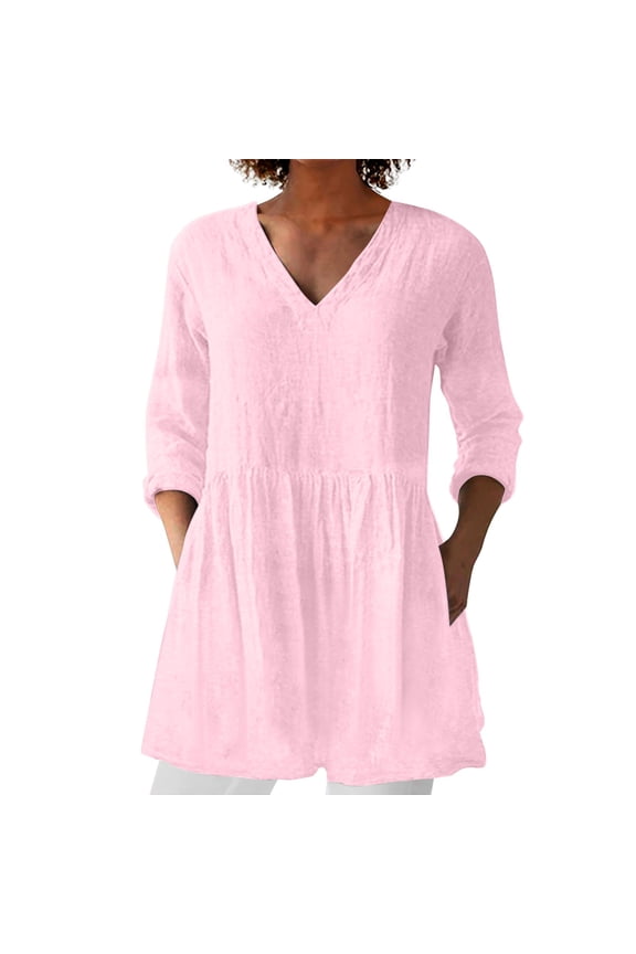 Women’S Plus Size T Shirts Long Sleeve Button Down Tunic Blouse Women's Long Sleeve T-Shirt Women's Spring and Summer New Cotton and V Neck Mid Sleeve Mid Length T Shirt
