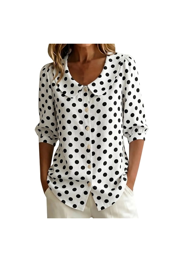 Women Shirts Women Satin Blouse Polka Dots Button Down Business Work Top Long Sleeve Lapel Shirt Spring Outfit(White,XL)