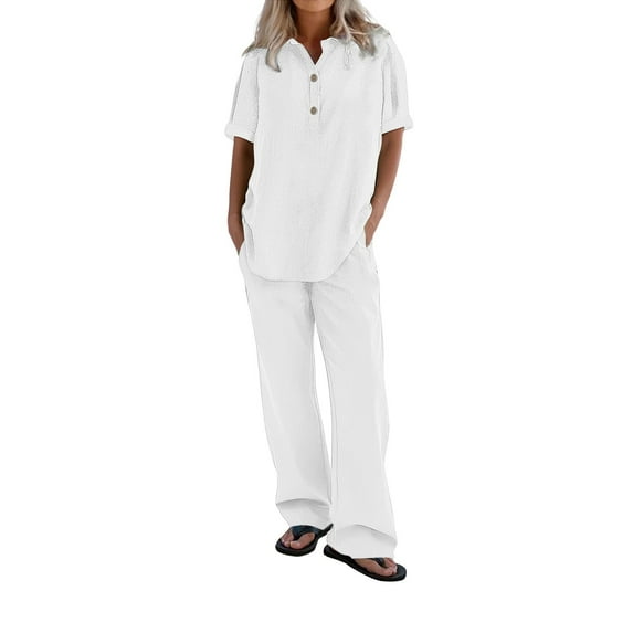 WCJM Women T Shirt Women Shirts Womens Daily Casual Solid Short Sleeve V Neck Shirt Tops Pockets Elastic Waist Long Pants Shirt Trousers Set