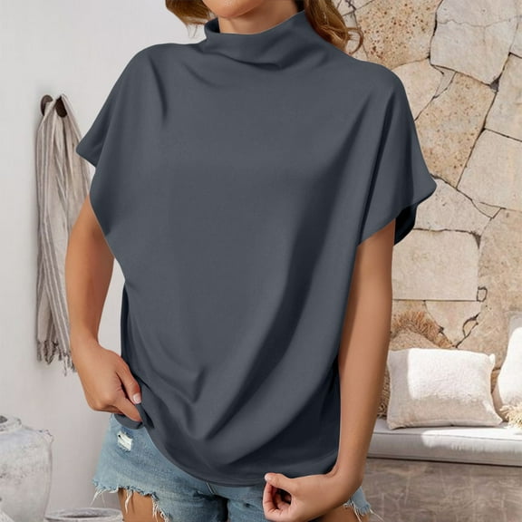 WCJM Women's 2025 Summer Short Sleeve Mini Dress Casual Collared Women's Short Sleeve T-Shirt Women's Summer Solid Color High Neck Loose Casual Short Sleeved T Shirt Top