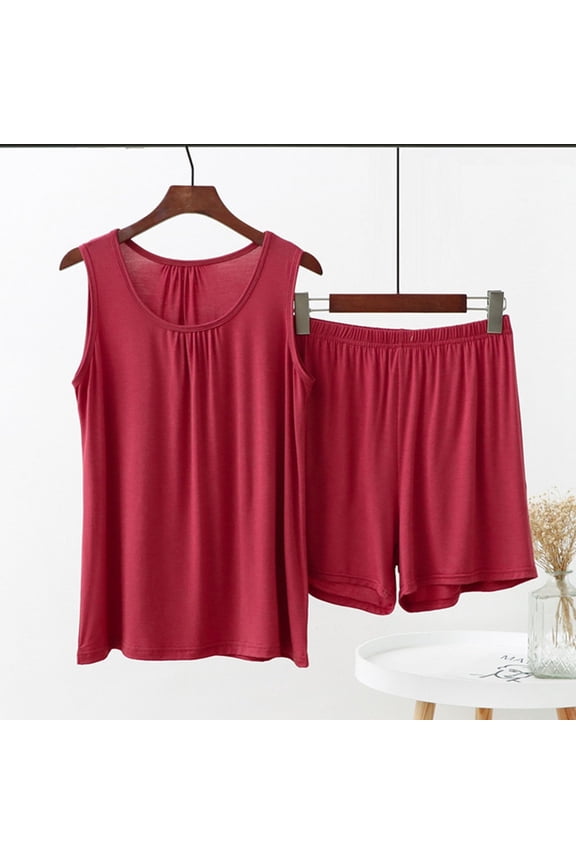 Women's Basic Solid Spaghetti Double Layer Crop Tank Top Women's Tanks & Camis Summer Cotton Pajama Set for Women Plus Size Soft Shorts & Tank Top Sleeveless Sleepwear for Home/Travel