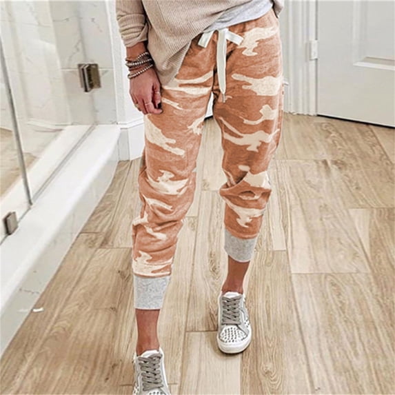 WCJM Women's Camo Cargo Pants Cropped Ankle Length Elastic Drawstring Waist Lightweight Quick Dry Hiking Joggers Outdoor Travel with Button Closure Flap Pockets