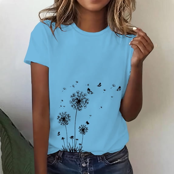 WCJM Women's Casual Short Sleeve T Shirt Tassels Sleeves Blouse Women's Short Sleeve T-Shirt Women's Spring Round Neck Dandelion Printed Loose Casual Short Sleeved T Shirt
