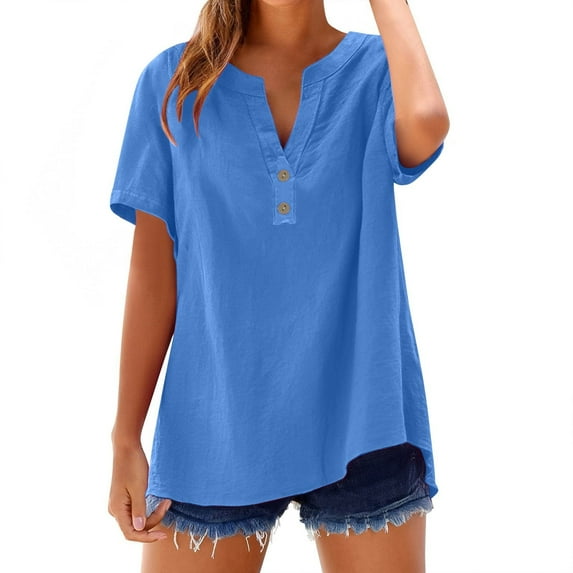 WCJM Women's Classic-Fit Short-Sleeve Crewneck T-Shirt Women's Short Sleeve T-Shirt Loose Button Shirt Tops Stand Solid Color Sleeve Collar Casual Women's Shirt