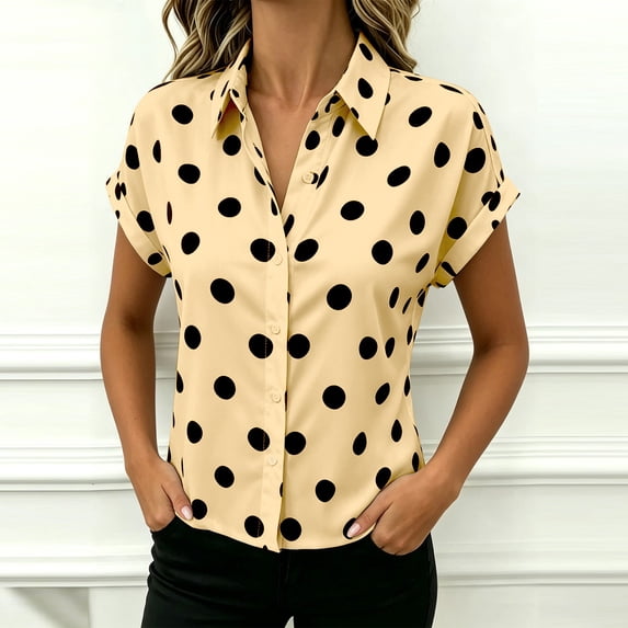 WCJM Women's Cute Casual Polka Dot Top Short Sleeve Loose Fit Button Front Summer Blouse Womens Short Sleeve T Shirts