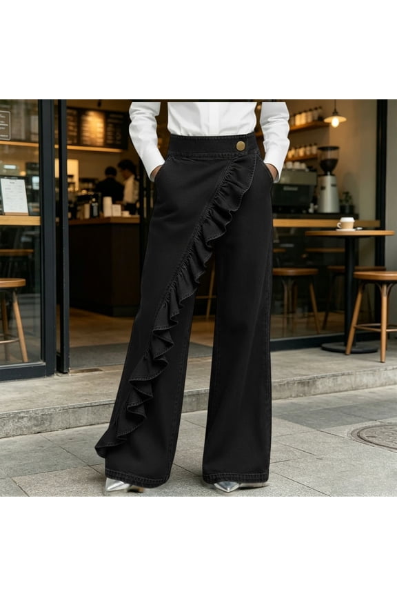 Women's Cute Ruffle Detail Denim Pants High Waisted Wide Leg Wrap Waist Design Asymmetrical Front Printed Denim Look A Line Bottoms with Pockets