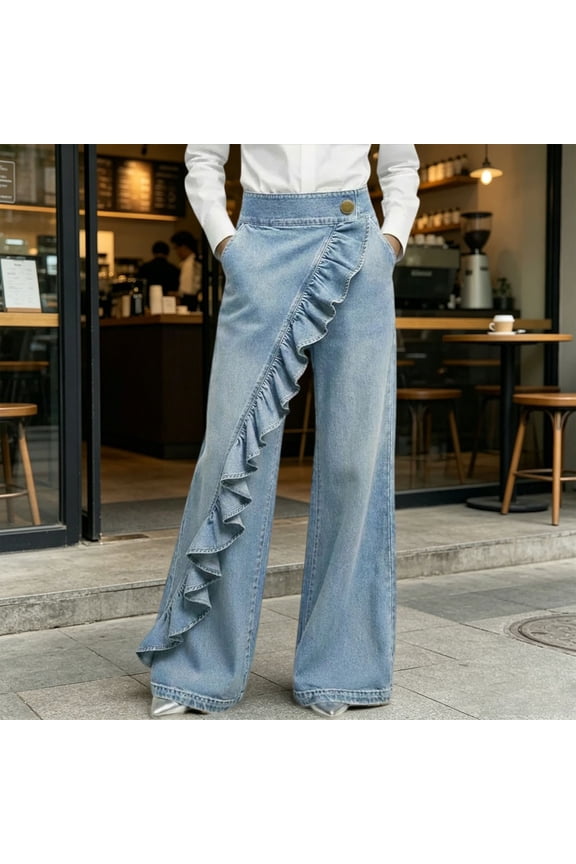 Women's High Waisted Wrap Front Wide Leg Denim Pants Irregular Ruffle Trim A Line Silhouette Vintage Look Lightweight Trousers with Side Pockets