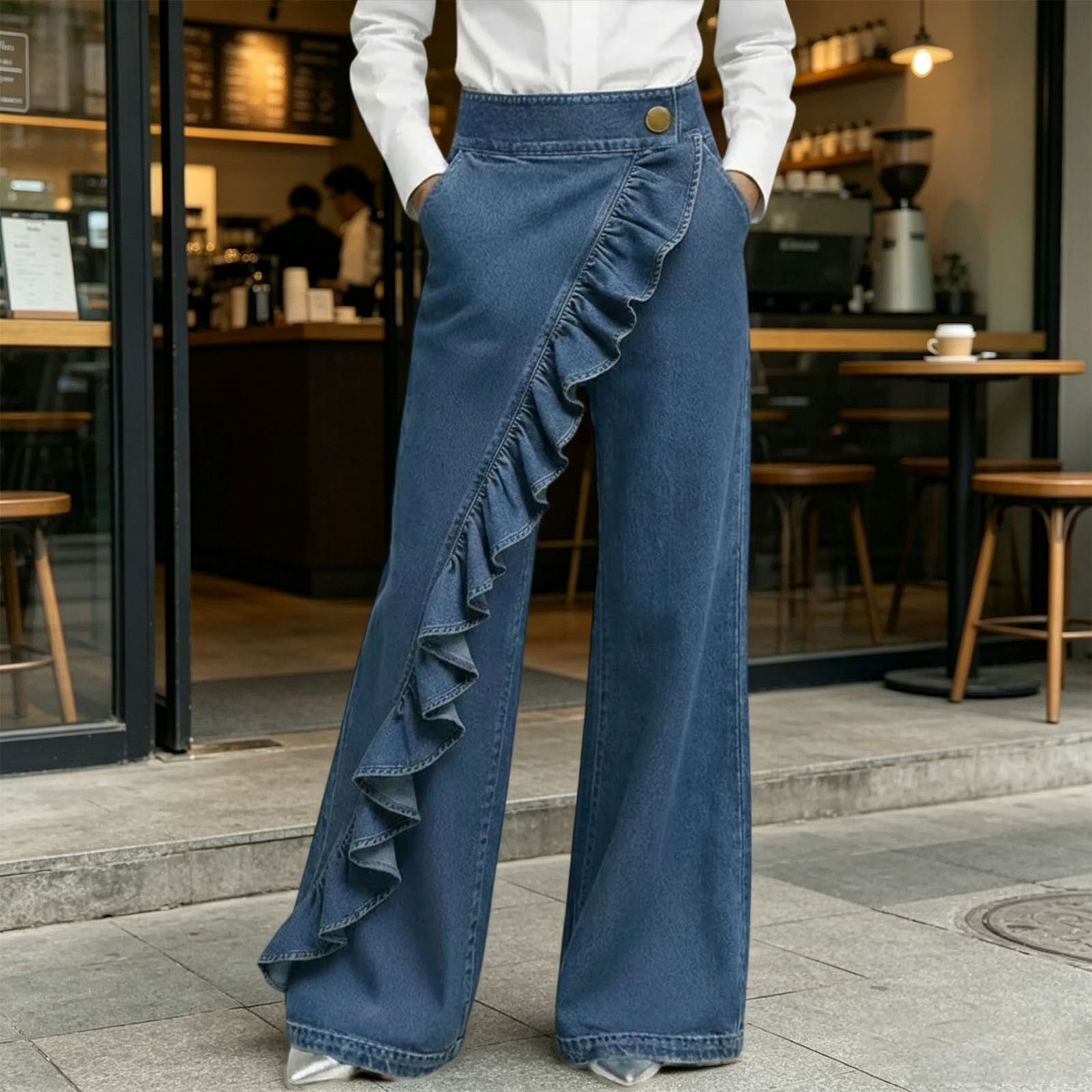 WCJM Women's High Waisted Wrap Waist Denim Look Pants Asymmetrical