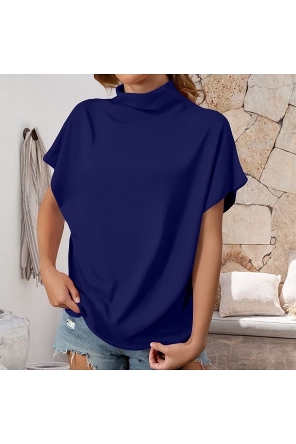 Women's Jersey Short-Sleeve Boxy Pocket T-Shirt Dress Women's Short Sleeve T-Shirt Women's Summer Solid Color High Neck Loose Casual Short Sleeved T Shirt Top