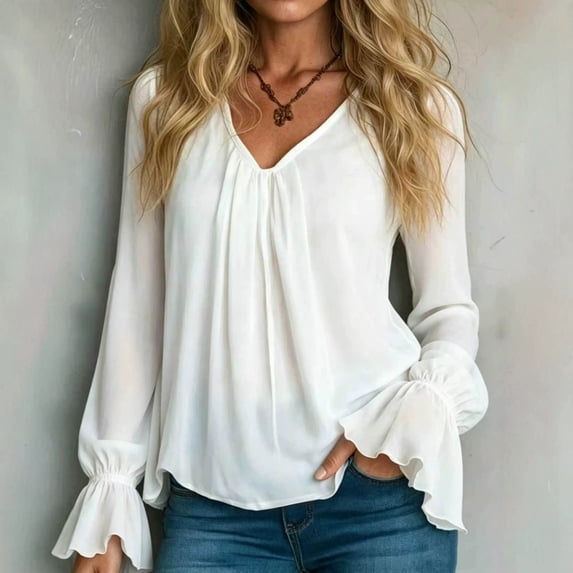 WCJM Women's Long sleeve T-shirt Long Sleeve Chiffon Shirts Women V Neck Front Loose Fit Blouses Casual Elegant Wardrobe Tops