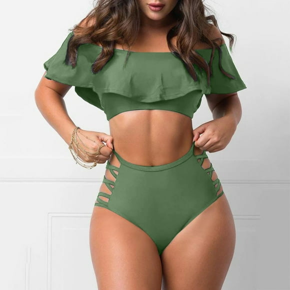 Women's One Piece Swimsuit Women's Ruffled Off Shoulder Tight Solid Color Split Swimwear Swimsuit Beachwear Set Bathing Suits