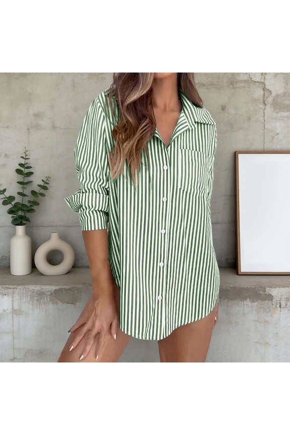 Women's Pinstripe Button Down Shirt Long Sleeve Collared Office Work Blouse Womens Light Green Long Sleeve Shirts