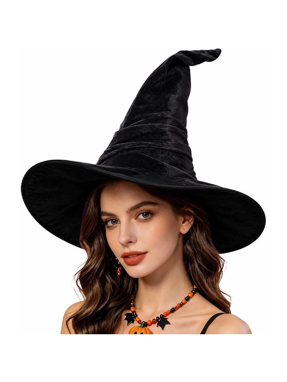 Women's Ruffled Bat Satin Witch Hat Oversized Wide Brim Halloween Costume Hat Elegant Gothic Dress Up Hat Lightweight Festival Accessory for Masquerade Party