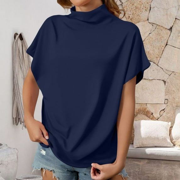 WCJM Women's Short Puff Sleeve Knit Tops 2025 Trendy Crewneck Strip Women's Short Sleeve T-Shirt Women's Summer Solid Color High Neck Loose Casual Short Sleeved T Shirt Top