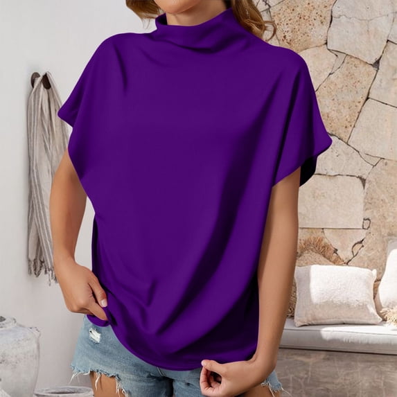 WCJM Women's Short Sleeve Loose Casual T-Shirt Tee Tops Twist Knotted Women's Short Sleeve T-Shirt Women's Summer Solid Color High Neck Loose Casual Short Sleeved T Shirt Top