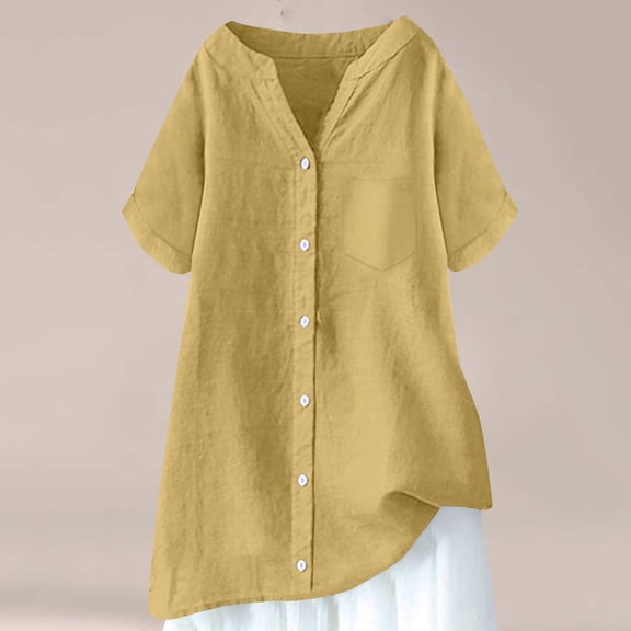 WCJM Women's Short Sleeve Scoop Neck T Shirt Casual Tops Women's Short Sleeve T-Shirt Women's Cotton Linen Shirts Solid 3/4 Sleeve Tunic Tops Oversized Tshirts Casual V Neck Blouses