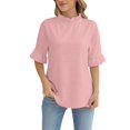 thumbnail image 1 of WCJM Women's Short Sleeve T-shirt Women Loose Fit Ruffled Short Sleeve Pullover Blouse Crewneck Cotton Linen Casual Top(Pink,S), 1 of 7