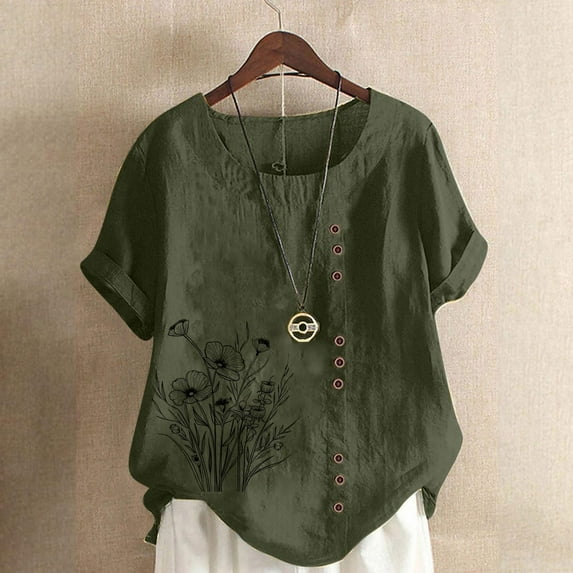 WCJM Women's Short Sleeve V-Neck Shirts Loose Casual T-Shirt Women's Short Sleeve T-Shirt Women's Cotton Linen ShirtsCasual Boho Floral Short Sleeve Blouse Oversized Loose Ladies Tunic Tops