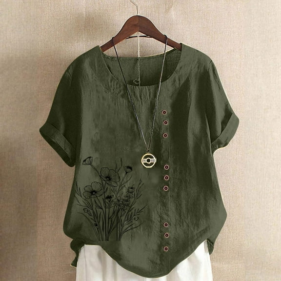 WCJM Women's Striped Short Sleeve Loose Swing T-Shirt Dress Women's Short Sleeve T-Shirt Women's Cotton Linen Shirts Summer Casual Boho Floral Short Sleeve Blouse Oversized Loose Ladies Tunic Tops