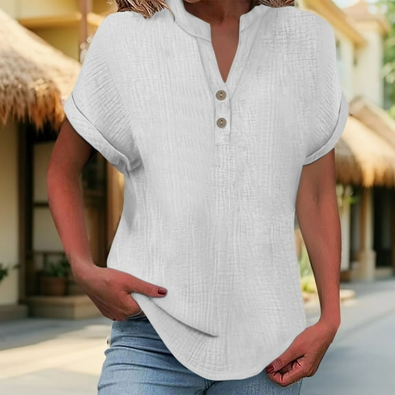 WCJM Women's Triple Color Block Stripe T Shirt Short Sleeve Casual Loose Women's Fashionable and Casual Solid Color V Neck Wrinkle Cloth Button Short Sleeve Rolled Up T Shirt Top