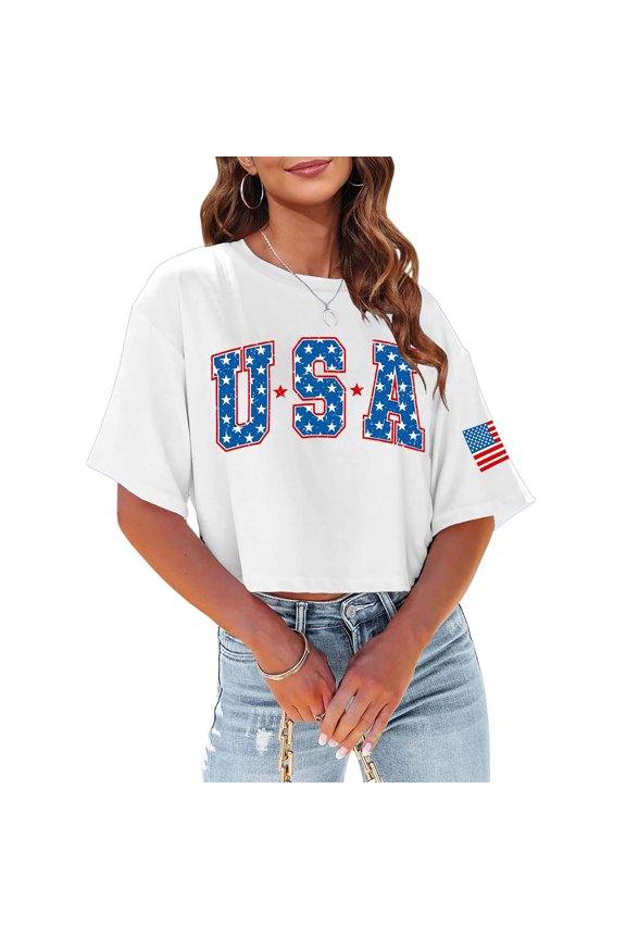 Women’s USA Crop Top American Flag Print 4th July Memorial Day Patriotic Short Sleeve Tee(White,L)