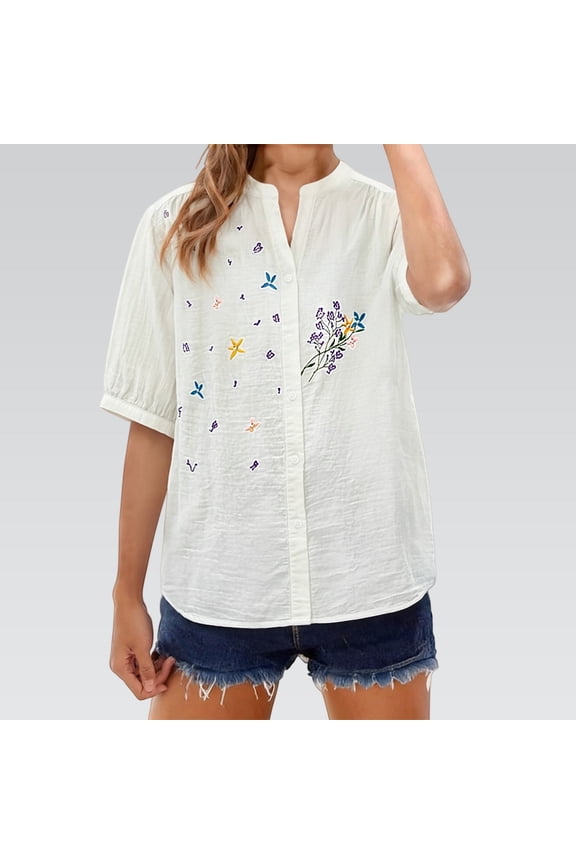 Women's V Neck Embroidered Cotton Linen Blouse Half Sleeve Ethnic Casual T-Shirt Women White Short sleeve T-shirt