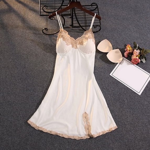 WCJM Women's blended pajamas including 1PC skirt White polyester Womens Nightdress Thin FASHION Suspender Ice Silk Pajamas Lace Lace Slit Chest Pad Homewear
