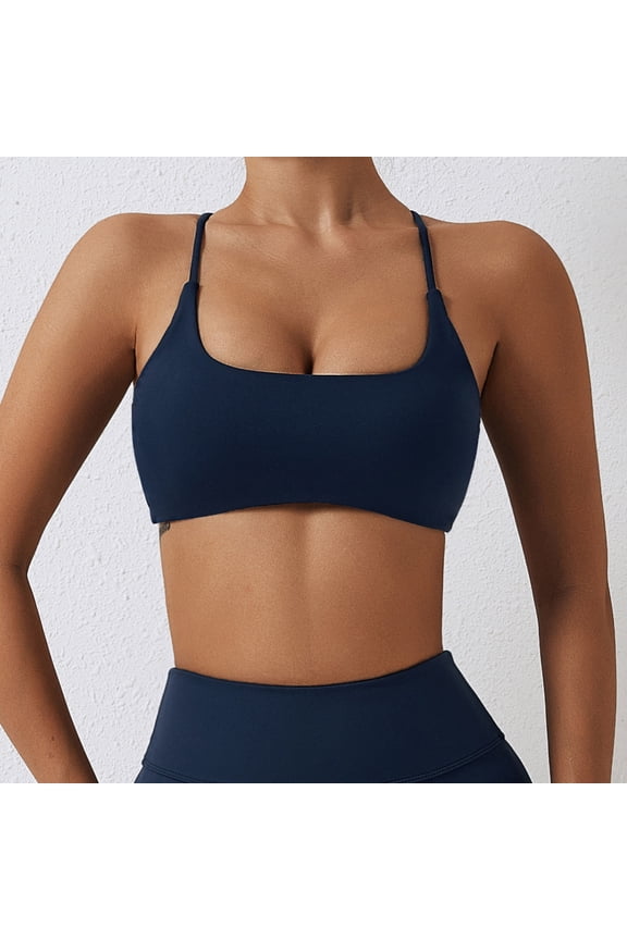 Women's nylon bra including 1x Bra Navy Polyester Women's Sports Bra Padded Crossed Back Bustier Without Underwire Spaghetti Straps For Yoga Fitness