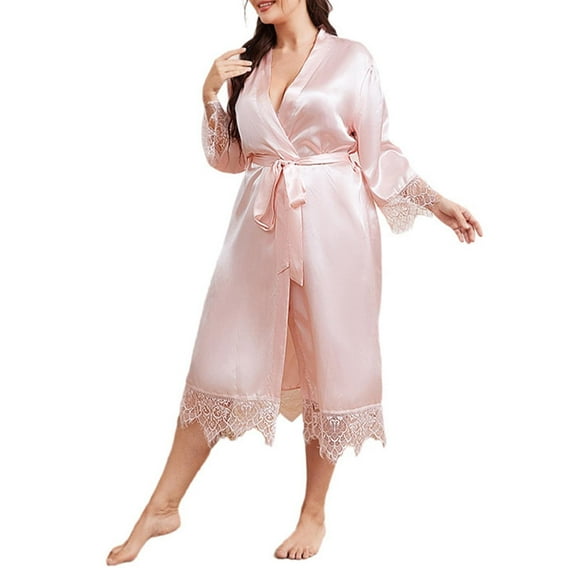 WCJM Women's woolen pajamas Pink Extra Size Summer Cardigan Nightgown Long Sleeved Home Clothes Mid Length Bathrobe Ice Silk Pajamas Female polyester