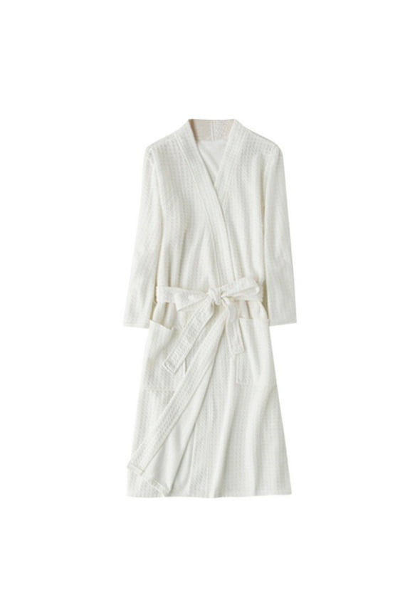 Women's woolen pajamas including 1 PC bathrobe White Polyester Unisex Breathable Solid Color Bathrobe Splicing Home Clothes Robe Coat