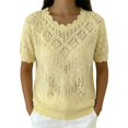 thumbnail image 1 of WCJM Womens 2026 Spring Summer Crocheted Lace Knit Short Sleeve T Shirt Lace Collar Thin Sweater (Yellow,XL), 1 of 5
