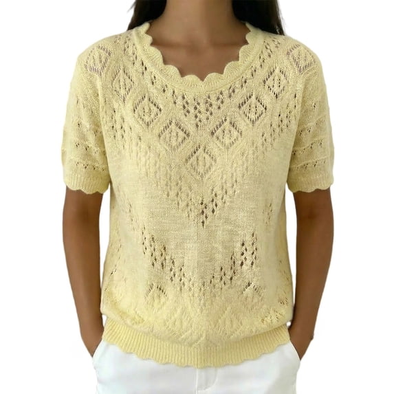 WCJM Womens 2026 Spring Summer Crocheted Lace Knit Short Sleeve T Shirt Lace Collar Thin Sweater (Yellow,XL)