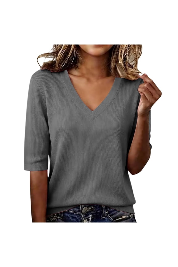 Womens Basic V Neck Pullover Short Sleeve Stretchy Ribbed Threadcloth Shirt for Layering or Alone（Grey,M）