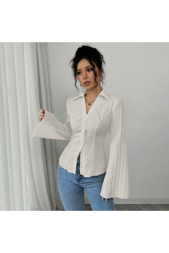 Womens Bell Sleeve Button Down Shirt V Neck Ruched Collared Work Blouse Top Women Shirts