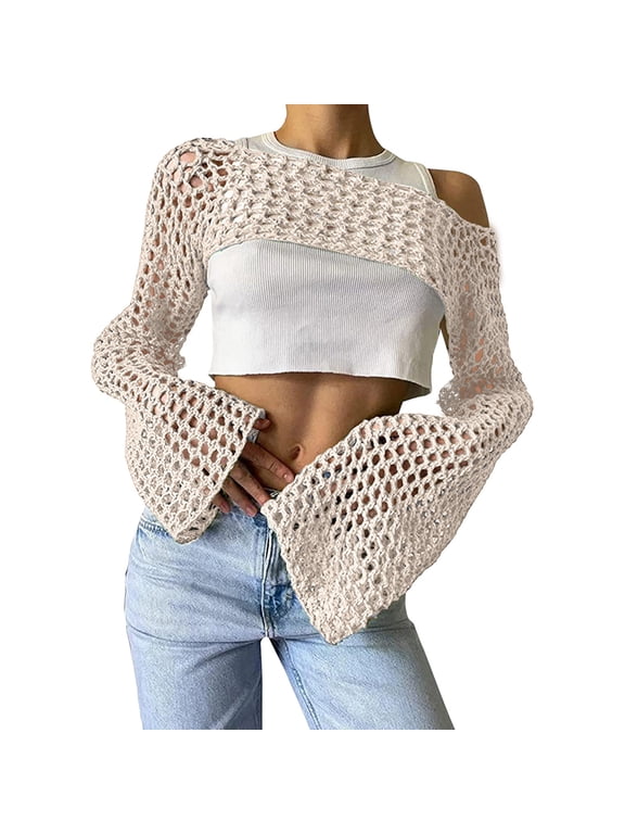 Womens Mesh Crochet Long Sleeve Crop Top Hollow Out See Through Knit Beach Cover Up (Beige,XS)