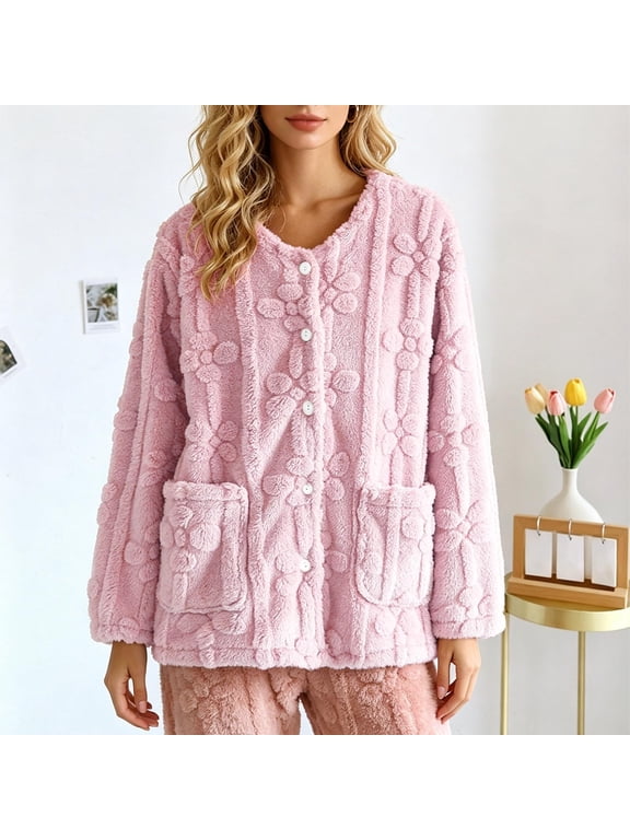 Womens Nightwear Top Classic Pajama with Pockets Cozy Bed Jacket Soft Casual Sleepwear (Light Pink,M)