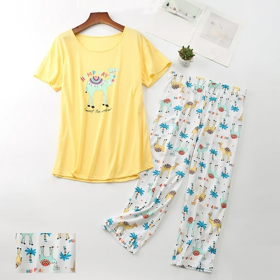 WCJM Yellow Women's Cotton Pajama Set Cute 2 Piece Set Comfy Summer V Neck Short Sleeve Shirt Capri Sleepwear