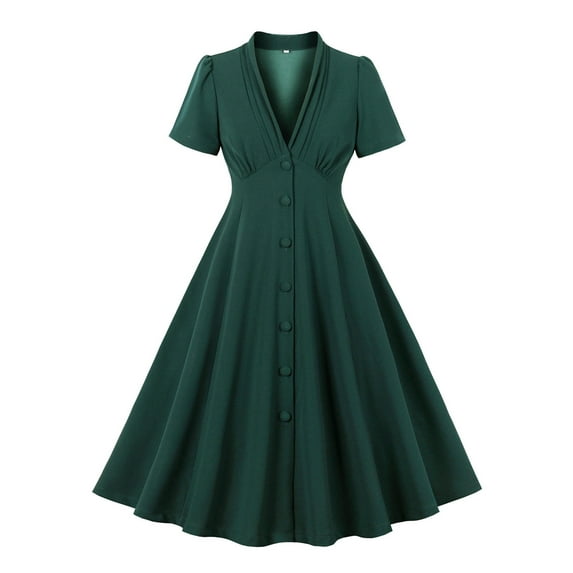 WCMZJ 1950s Vintage Dress for Women Short Sleeve Peter Pan Collar Notch V Neck Gingham Dress Button up Hepburn Style Cocktail Swing Dresses with Pockets Green L