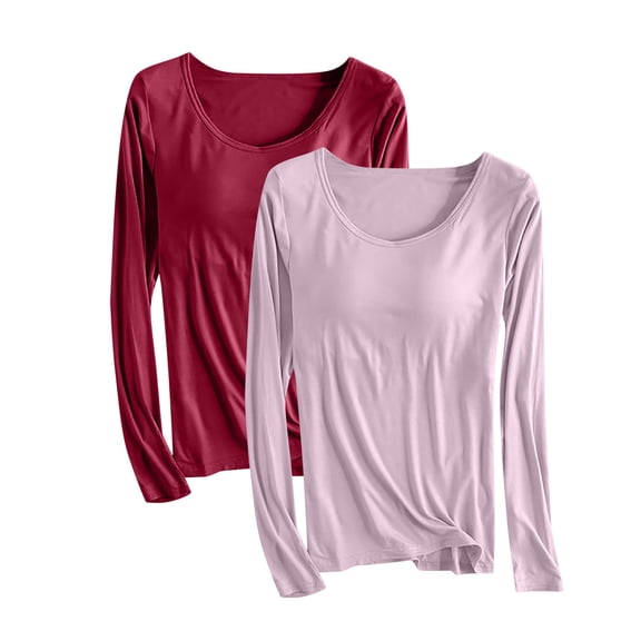 WCMZJ 2 Pack Bulit in Bra Shirt for Women Long Sleeve Crewneck Pajamas Tee Shirts Casual Lightweight Lounge Tops Pink XL