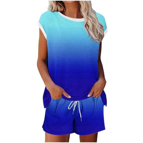 WCMZJ 2 Piece Sets for Women Casual Summer Loungewear Short Sleeve Tops and Elastic Waist Shorts with Pockets Blue 2XL