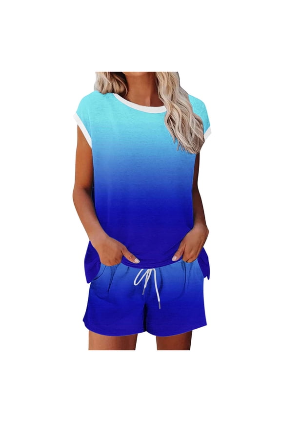 2 Piece Sets for Women Casual Summer Loungewear Short Sleeve Tops and Elastic Waist Shorts with Pockets Blue L