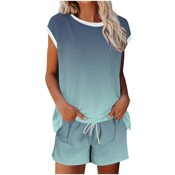 WCMZJ 2 Piece Sets for Women Casual Summer Loungewear Short Sleeve Tops and Elastic Waist Shorts with Pockets Light Blue 2XL