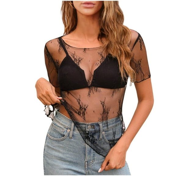 WCMZJ 2024 Women's Sheer Mesh Short Sleeve Top Crewneck Summer Lace Y2K See Through Blouse Shirts Black XXL