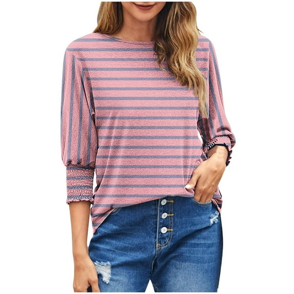 WCMZJ 3/4 Length Sleeve Tops for Womens Casual Cute Ruffle Cuffs Striped Blouses 2024 Summer Spring Tunic Shirts Pink XL