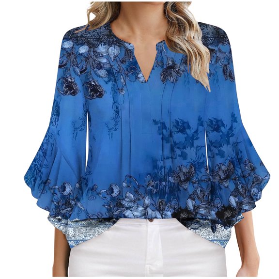 WCMZJ 3/4 Length Sleeve Womens Floral Tops Double Layered Chiffon Dressy Casual Business Work Blouses V Neck Office Tunic Shirts Blue 2XL