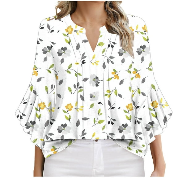 WCMZJ 3/4 Length Sleeve Womens Floral Tops Double Layered Chiffon Dressy Casual Business Work Blouses V Neck Office Tunic Shirts White M