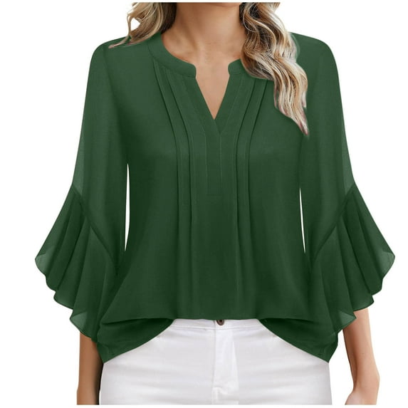 WCMZJ 3/4 Length Sleeve Womens Tops Double Layered Chiffon Dressy Casual Business Work Blouses V Neck Office Tunic Shirts Army Green S
