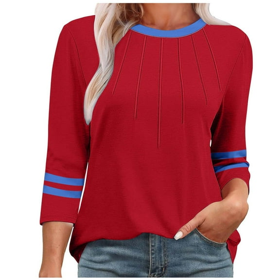 WCMZJ 3/4 Length Sleeve Womens Tops Round Neck Casual Tunic Tops Basic Pleated Shirts Loose Fit 2025 Red 3XL