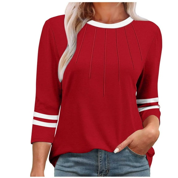WCMZJ 3/4 Length Sleeve Womens Tops Round Neck Casual Tunic Tops Basic Pleated Shirts Loose Fit 2025 White S