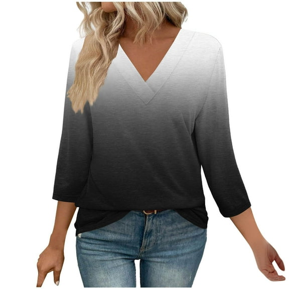 WCMZJ 3/4 Length Sleeve Womens Tops Summer Casual V Neck T Shirts Cute Tunic Tops for Ladies Loose Fit Dressy Blouses Navy S